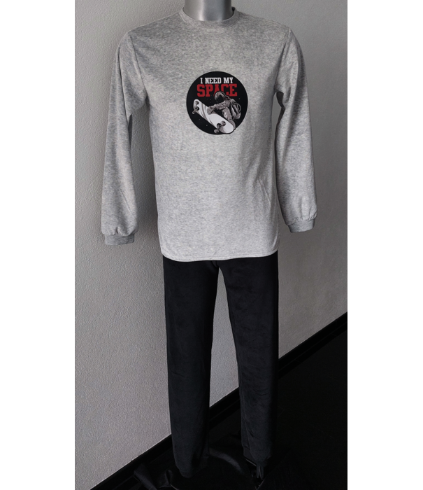 Lunatex Lunatex Outfitter Levin velours jongenspyjama grijs mêlee met print – maten 140‑164