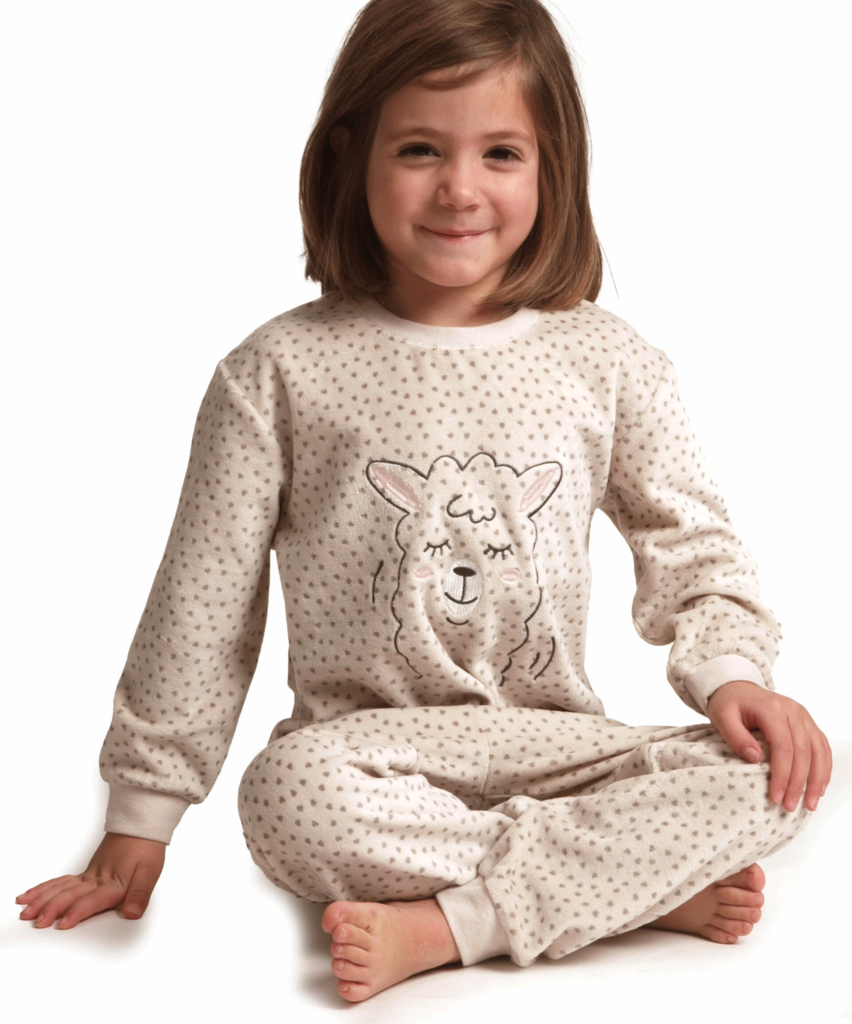 Lunatex Outfitter Novi velours meisjes pyjama, kleur ecru met afbeelding Lama, mt 92 t/m 116
