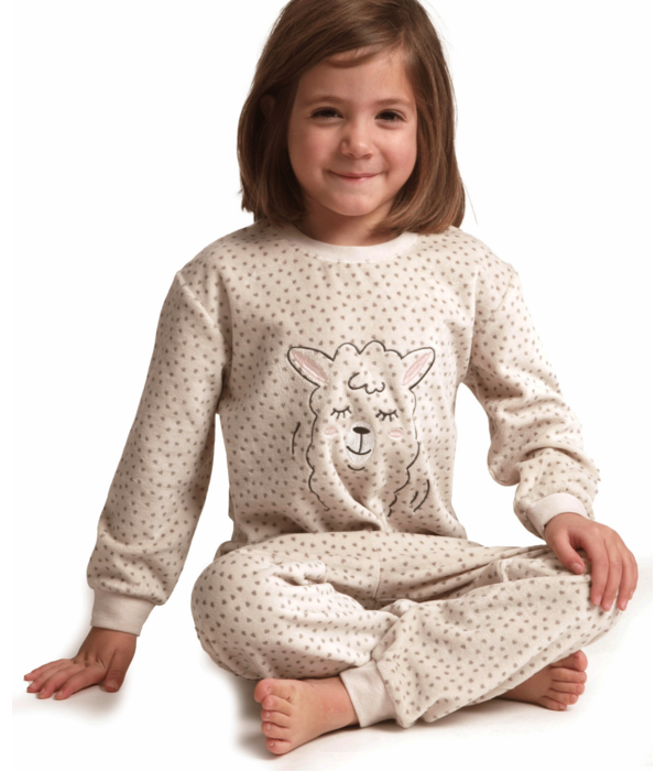 Lunatex Outfitter Velours Meisjes Pyjama – Ecru Lama Pyjama