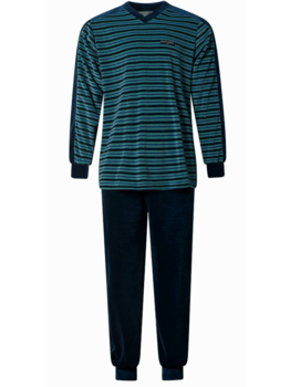 Lunatex Gentlemen Liyam velours herenpyjama – petrol groen gestreept – maat XL