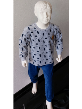 Lunatex Outfitter Lark velours jongens pyjama, kleur grijs met print beer, mt 92 t/m 110