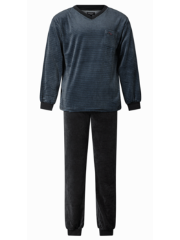 Lunatex Outfitter Devaun velours herenpyjama kleur blauw met antracietgrijs  met blauw gecombineerd mt  L  of 2XL