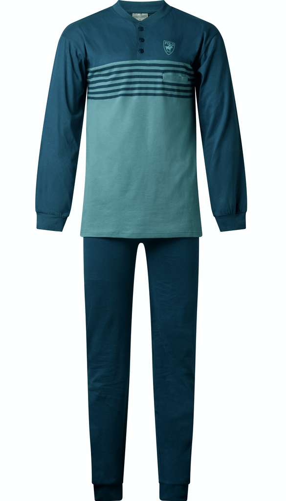 Lunatex Outfitter Lenn Herenpyjama Katoen – Lichtgroen met Petrol