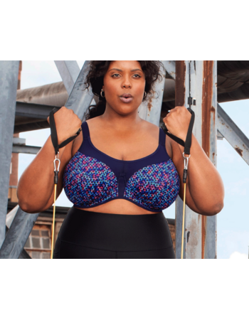 Elomi Energise sport‑bh met beugel – navy geo‑print – in grote maten