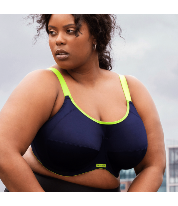 Elomi  Elomi Energise sport‑bh met bredere beugel – navy met limegroene bies – in grote maten