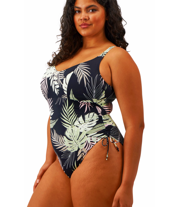 Elomi Tropical Retreat lichtgewicht badpak zonder beugel in zwart met jungleblad‑print