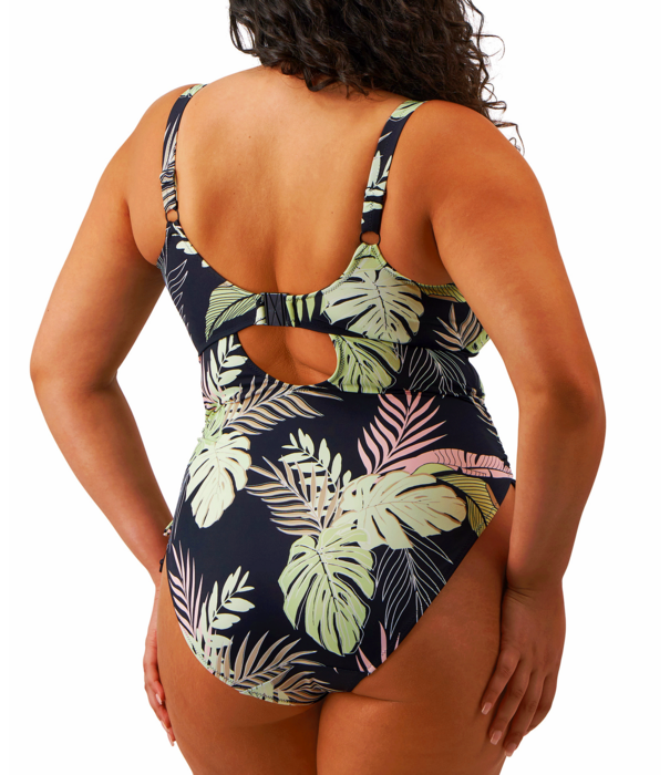 Elomi Tropical Retreat lichtgewicht badpak zonder beugel in zwart met jungleblad‑print