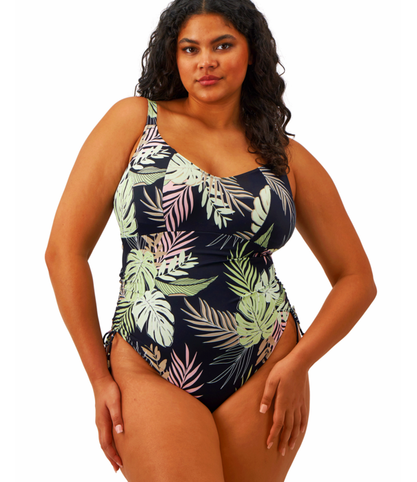 Elomi Tropical Retreat lichtgewicht badpak zonder beugel in zwart met jungleblad‑print
