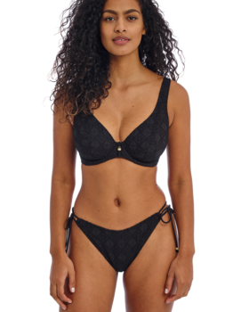 Freya Nomad Night high apex bikinitop met beugel kleur zwart gecombineerd met elastisch borduursel