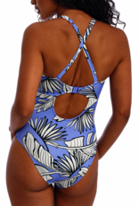 Freya Mali Beach badpak met ingewerkte beugels kleur korenblauw met print blad ivoor kleur