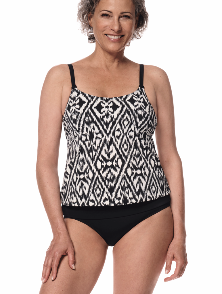 Amoena Amoena Salta (prothese) tankinitop zonder beugel, in blouson model, kleur off/white met tribal print kleur zwart