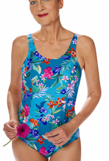Amoena  Alvor hooggesloten full body prothese badpak zonder beugel & licht voorgevormde cup kleur turquoise met botantische print