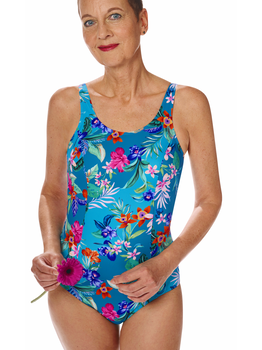 Amoena  Alvor hooggesloten full body prothese badpak zonder beugel & licht voorgevormde cup kleur turquoise met botantische print