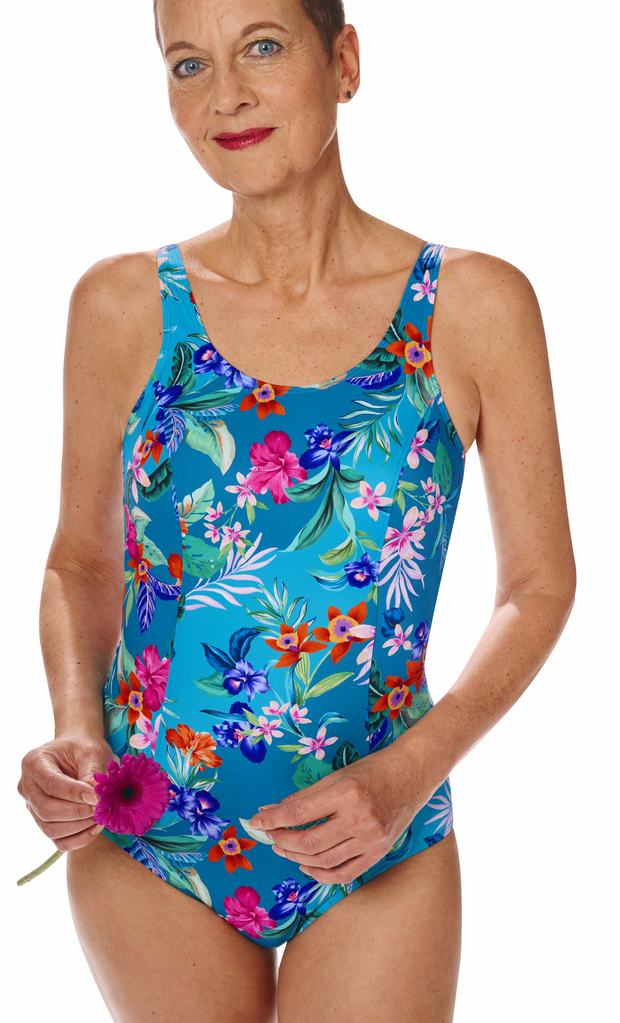 Amoena  Alvor hooggesloten full body prothese badpak zonder beugel & licht voorgevormde cup kleur turquoise met botantische print