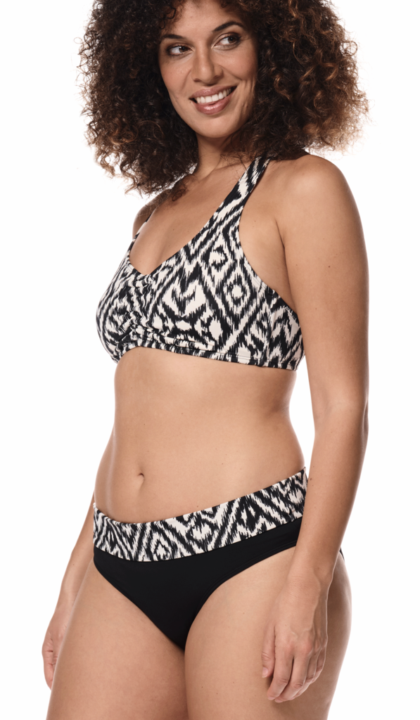 Amoena Salta (prothese) bikinitop zonder beugel, licht voorgevormd, in bandeau model, kleur off/white met tribal print kleur zwart