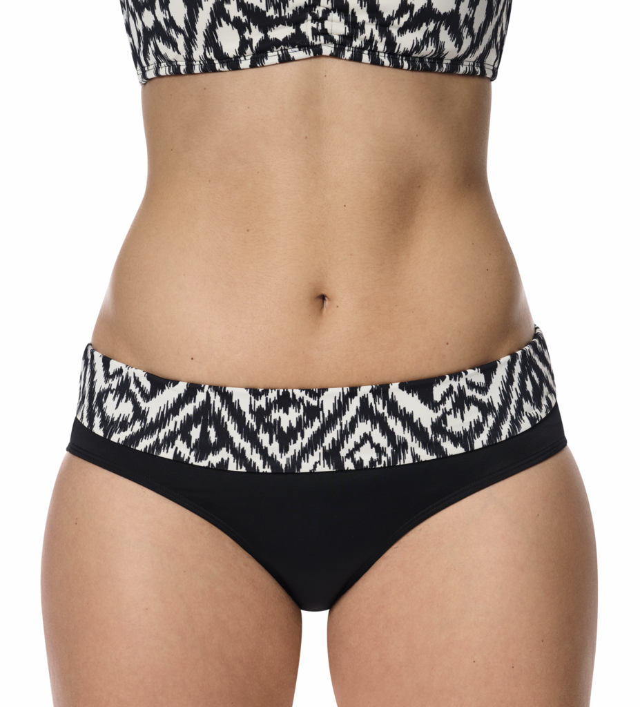 Amoena   Salta hoge chloorbestendige bikinislip met brede omslag, kleur zwart print off-white de mt 36 t/m 52