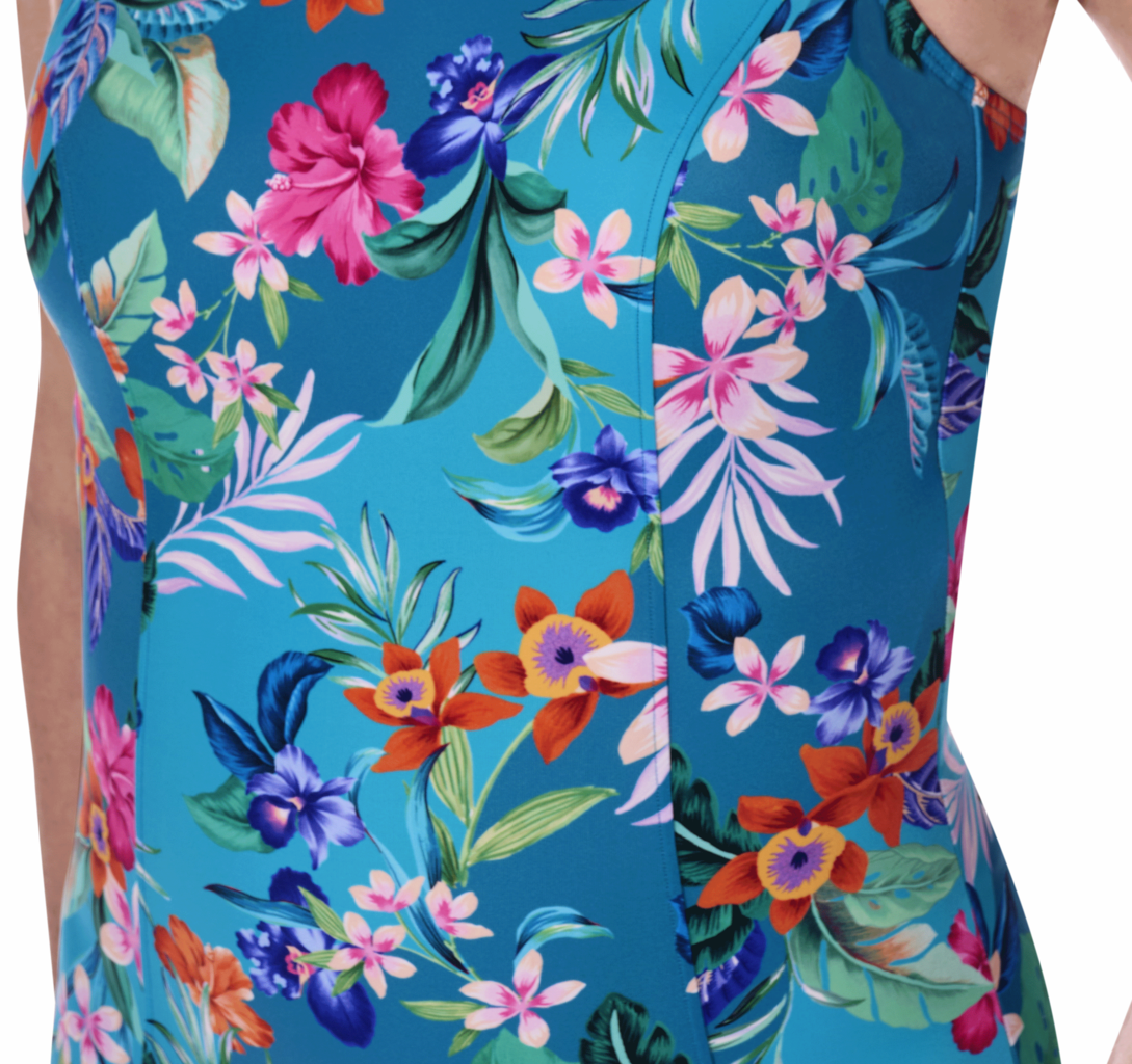 Amoena  Alvor hooggesloten full body prothese badpak zonder beugel & licht voorgevormde cup kleur turquoise met botantische print