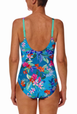 Amoena  Alvor hooggesloten full body prothese badpak zonder beugel & licht voorgevormde cup kleur turquoise met botantische print