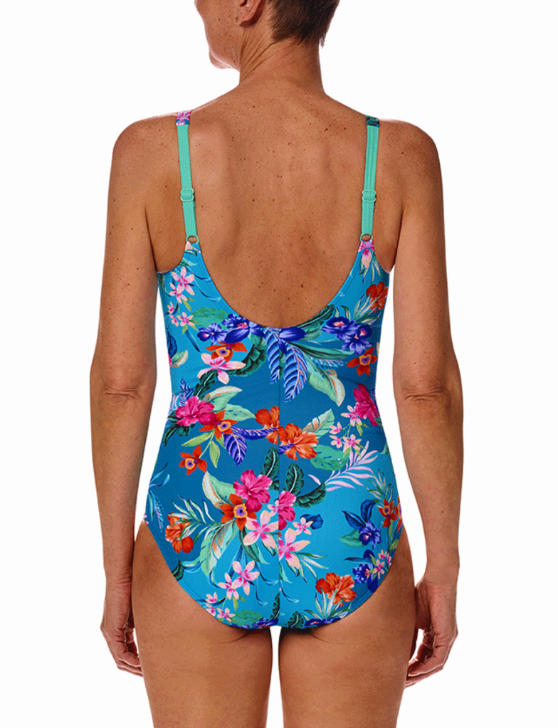 Amoena  Alvor hooggesloten full body prothese badpak zonder beugel & licht voorgevormde cup kleur turquoise met botantische print