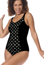 Amoena Amoena Palermo hooggesloten full body  prothese badpak, zonder beugel, licht voorgevormd, zwart-print off-white