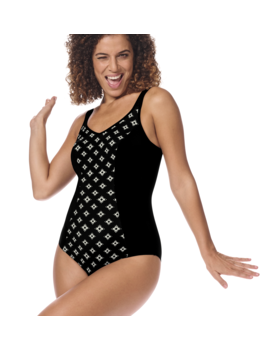 Amoena Palermo hooggesloten full body  prothese badpak, zonder beugel, licht voorgevormd, zwart-print off-white