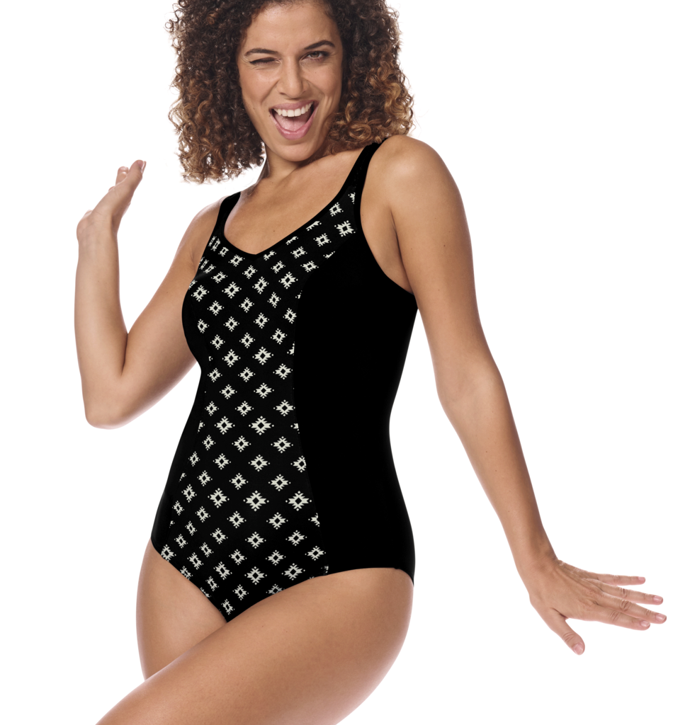 Amoena Amoena Palermo hooggesloten full body  prothese badpak, zonder beugel, licht voorgevormd, zwart-print off-white