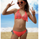 Lynn triangle bikinitop met fringes & bikinislip kleur corail