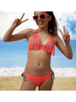 Boobs & Bloomers Lynn triangle bikinitop met fringes & bikinislip kleur corail