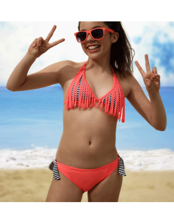 Boobs & Bloomers  Lynn triangle bikinitop met fringes & bikinislip kleur corail