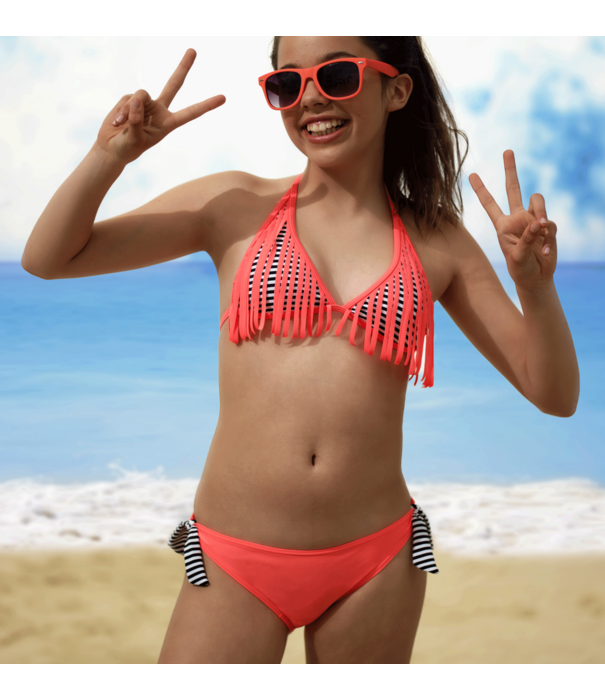 Boobs & Bloomers Lynn triangle bikinitop met fringes & bikinislip kleur corail
