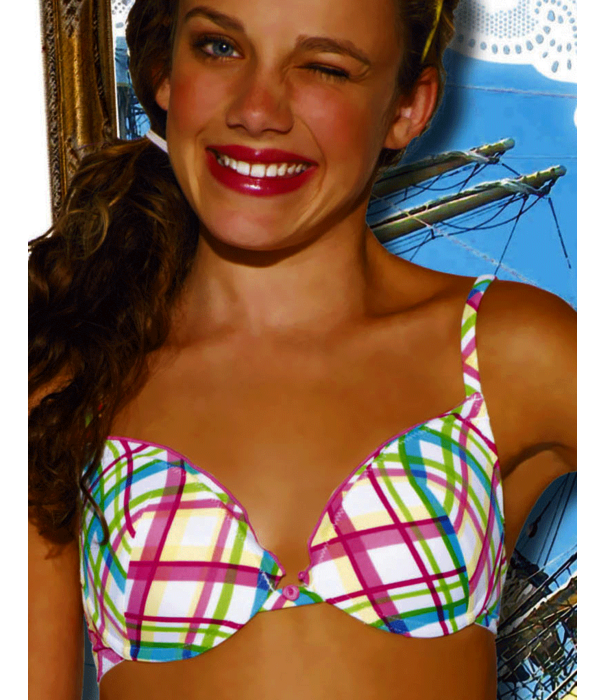 Boobs & Bloomers  Judy Microfaser Bh zonder beugel, licht voorgevormde cup kleur wit met ruitprint gecombineerd