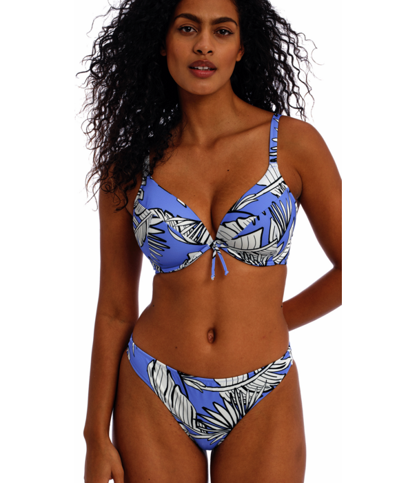 Freya Mali Beach Plunge bikinitop met beugel & ultra lichte voorgevormde cup, kleur korenblauw met print blad kleur ivoor
