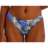 Freya Mali Beach bikinislip met minder bedekkend achterpand, kleur korenblauw met print blad ivoor kleur