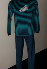 Lunatex Outfitter velours jongenspyjama marineblauw met streepprint en skateboard‑opdruk – maat 176