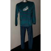 Outfitter velours jongenspyjama marineblauw met streepprint en skateboard‑opdruk – maat 176