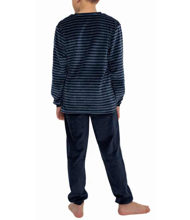 Lunatex Outfitter velours jongenspyjama antraciet met streepprint en skateboard‑opdruk – maat 176