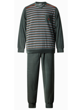 Lunatex Gentlemen Reza badstof herenpyjama, jasje grijs gestreept & broek uni kleur grijs