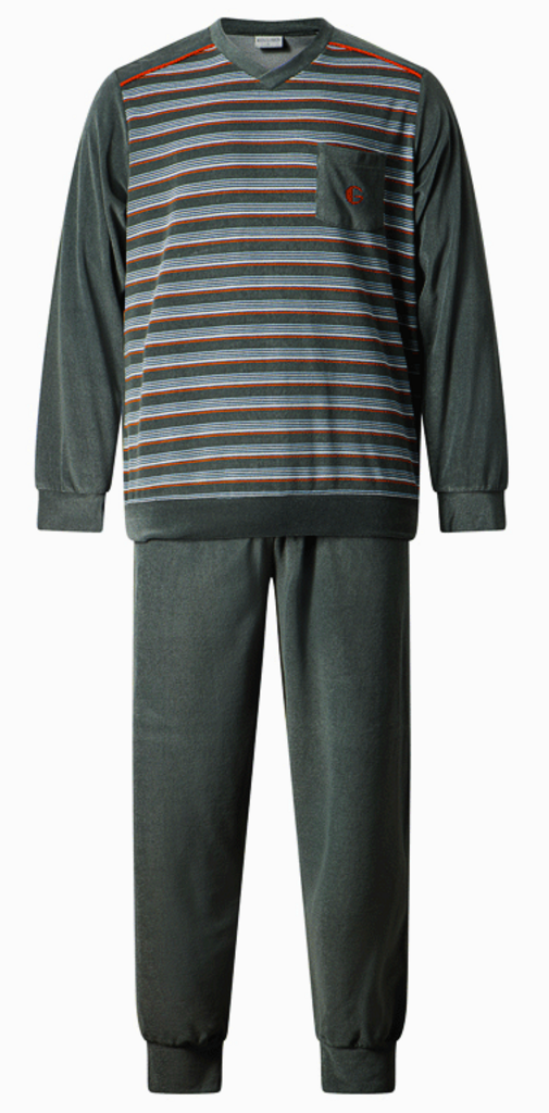 Lunatex  Gentlemen Reza badstof herenpyjama, jasje grijs gestreept & broek uni kleur grijs