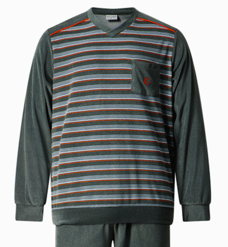 Lunatex  Gentlemen Reza badstof herenpyjama, jasje grijs gestreept & broek uni kleur grijs