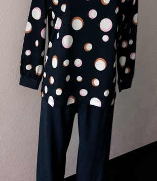 Lunatex Dames katoenen pyjama marineblauw gecombineerd met print dots mt 42-L