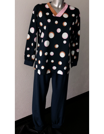 Lunatex Dames katoenen pyjama marineblauw gecombineerd met print dots mt 42-L