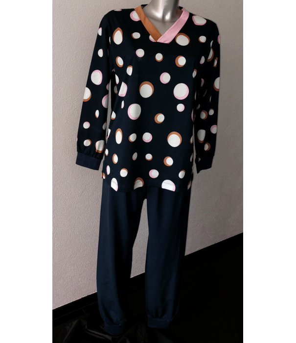 Lunatex Dames katoenen pyjama marineblauw gecombineerd met print dots mt 42-L