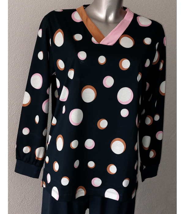 Lunatex Dames katoenen pyjama marineblauw gecombineerd met print dots mt 42-L