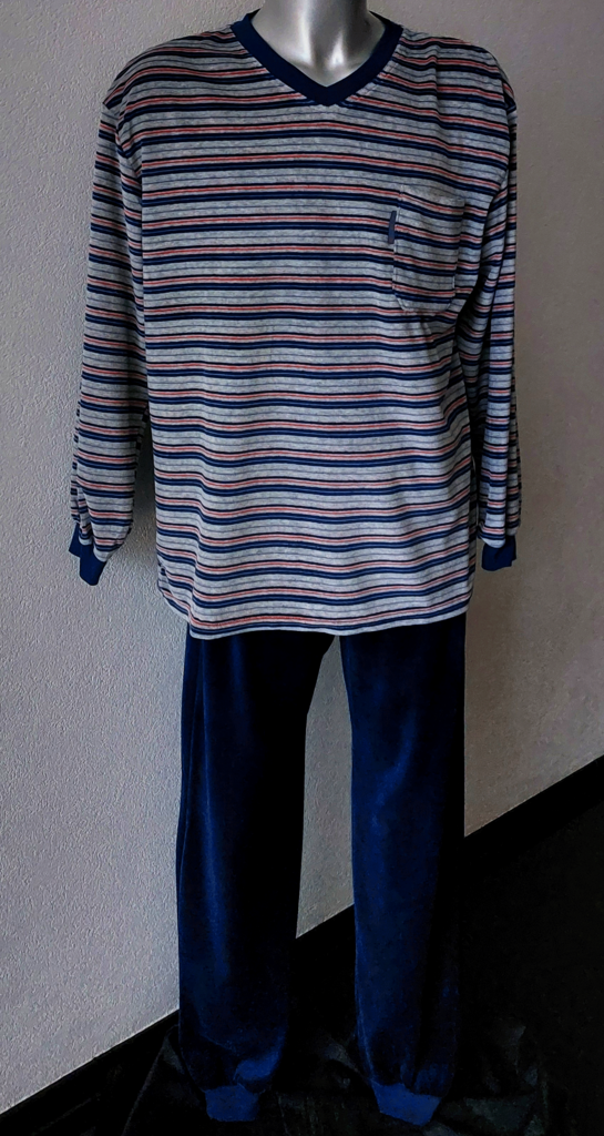 Lunatex Outfitter Robin heren velourspyjama, Jasje grijs gestreept & broek kleur marineblauw mt XL of XXL