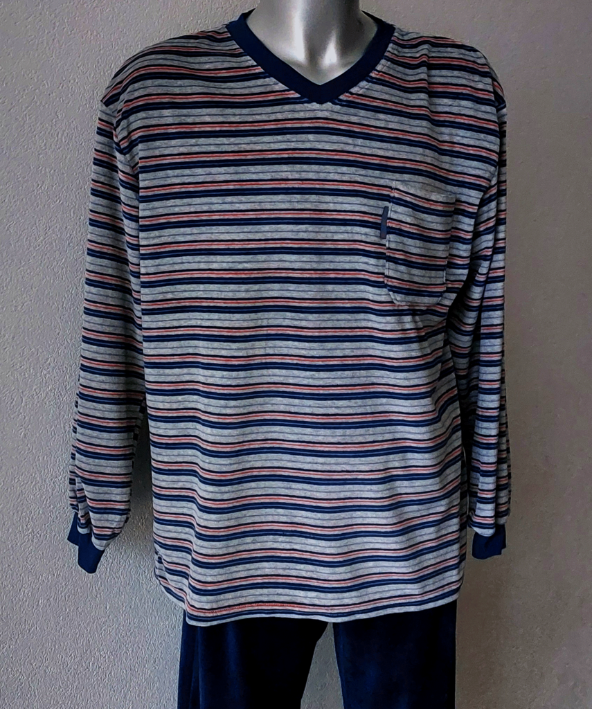 Lunatex Outfitter Robin heren velourspyjama, Jasje grijs gestreept & broek kleur marineblauw mt XL of XXL