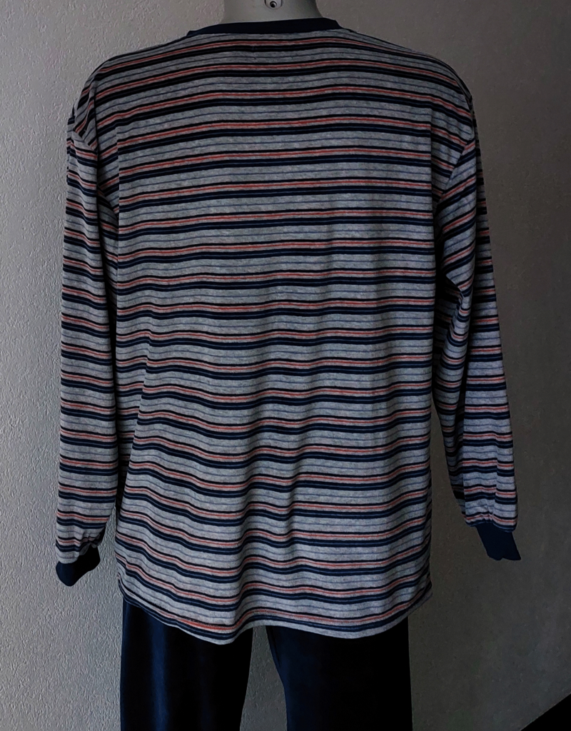 Lunatex Outfitter Robin heren velourspyjama, Jasje grijs gestreept & broek kleur marineblauw mt XL of XXL