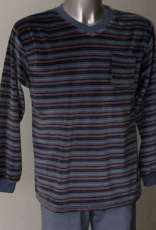Lunatex Outfitter Aiden velours herenpyjama met V‑hals – grijs met oranje/wit/antraciet streepprint – maten M of L