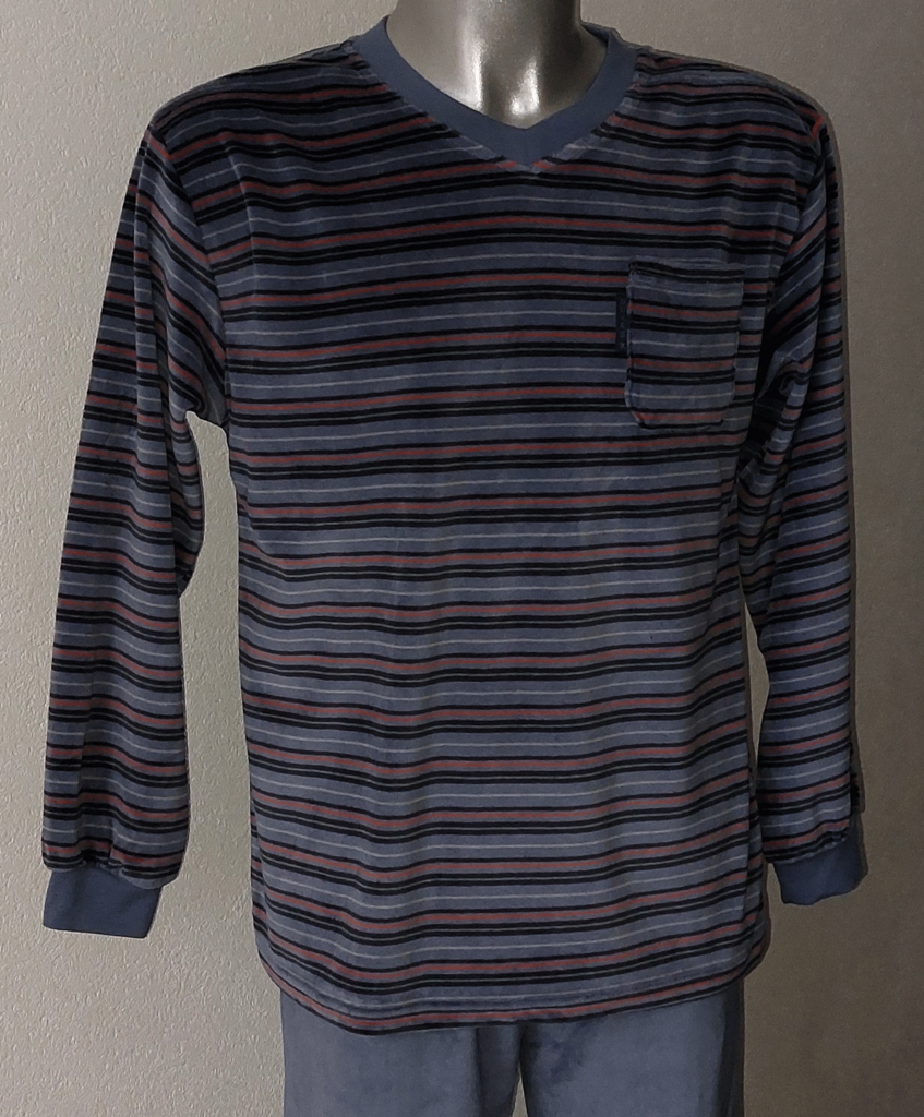 Lunatex Outfitter Aiden velours herenpyjama met V‑hals – grijs met oranje/wit/antraciet streepprint – maten M of L