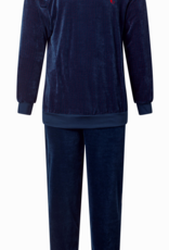 Lunatex Ilay velours herenpyjama, marineblauw met print rood gecombineerd