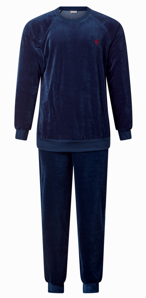 Lunatex Ilay velours herenpyjama, marineblauw met print rood gecombineerd